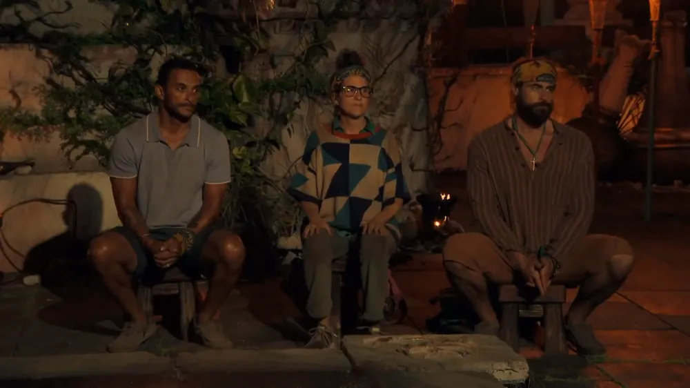 The three Survivor 50 finalists, Aubry Bracco in the centre, at Final Tribal Council