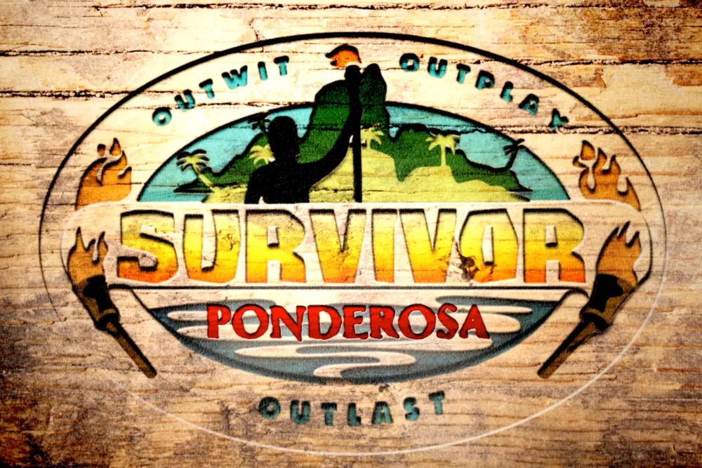 The Survivor Ponderosa logo carved into wood
