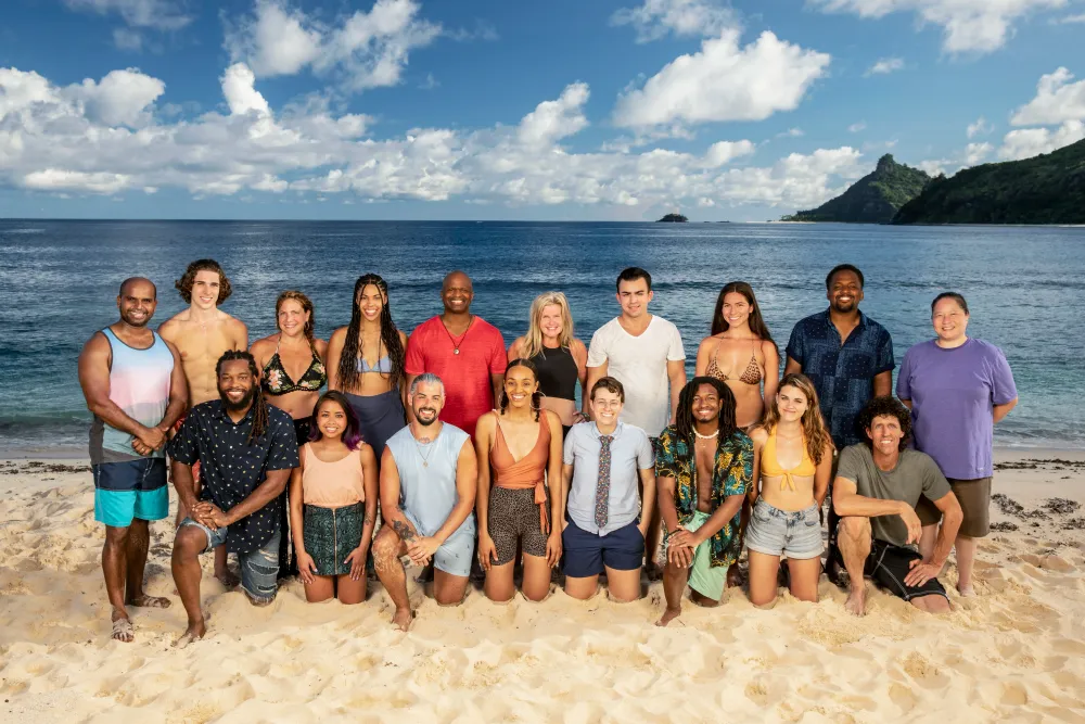 The Survivor 41 cast posing together on a Fijian beach