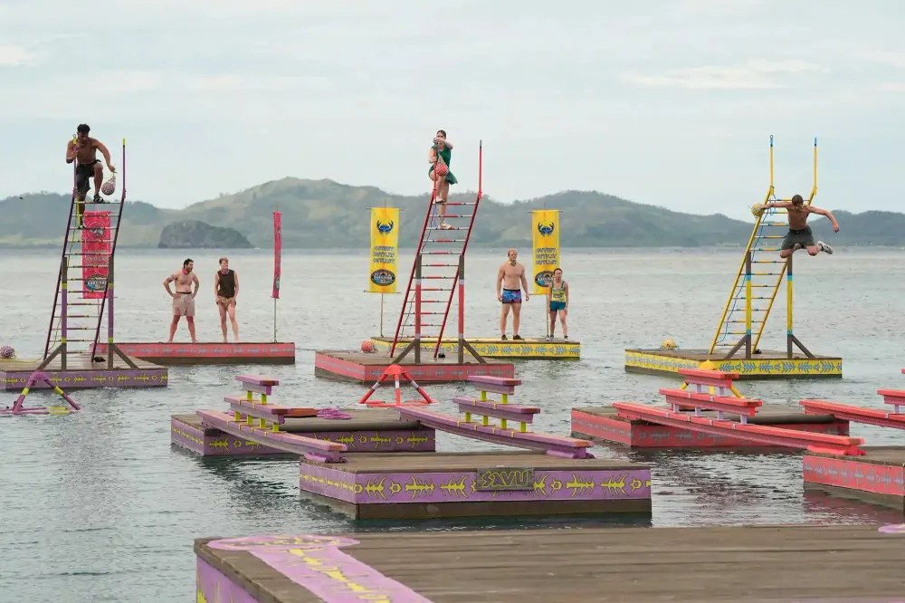 Castaways on ladder platforms during the Survivor 51 Episode 5 buoy challenge