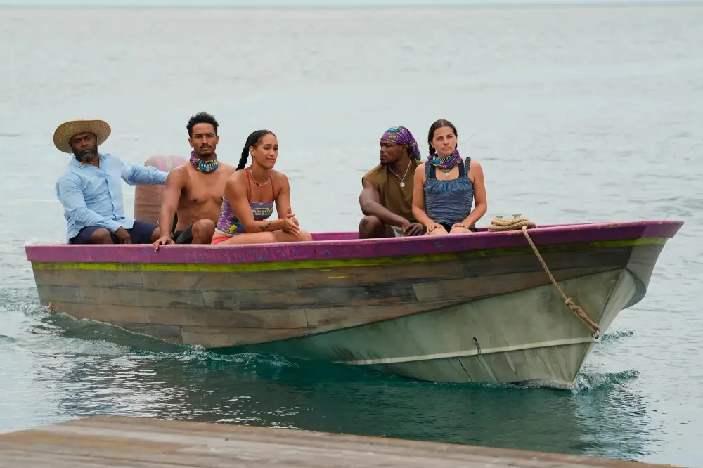 Savu's four castaways arriving by boat for Tribal Council in Survivor 51 Episode 5