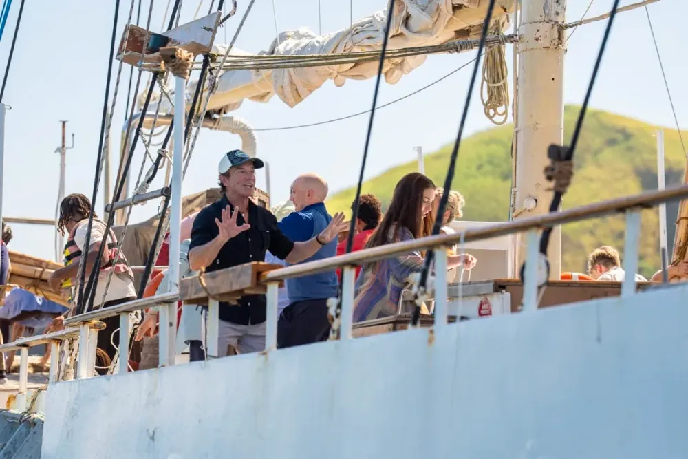 Jeff Probst aboard the boat with the Survivor 51 castaways on Day 1