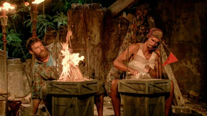 Ben Driebergen and Devon Pinto making fire at the final four in Survivor 35